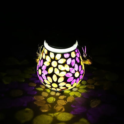 Mosaic Solar Lights Outdoor Lanterns, Decorative Mosaic Glass Solar Lamps Outdoor Waterproof, Hanging Lanterns Solar Night Lights for Garden,Patio,Pathway & Yard Décor (Flower)