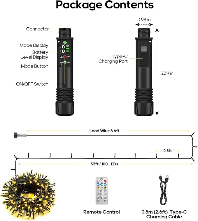 Rechargeable Battery Operated String Lights with Remote, 33ft 100 LED Rechargeable Battery Twinkle Lights Waterproof, Christmas Light Outdoor Indoor for Tree Christmas Decor(Warm White)
