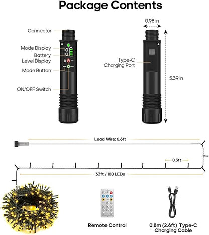 Rechargeable Battery Operated String Lights with Remote, 33ft 100 LED Rechargeable Battery Twinkle Lights Waterproof, Christmas Light Outdoor Indoor for Tree Christmas Decor(Warm White)