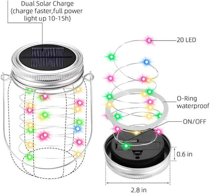 Solar Mason Jar Lights 6 Pack 20 Led Fairy Firefly Lights Mason Jar Lids String Lights with Hanger (Jars Not Included) Best for Mason Jar Outdoor Decor for Patio Garden Yard Lawn (Silver)