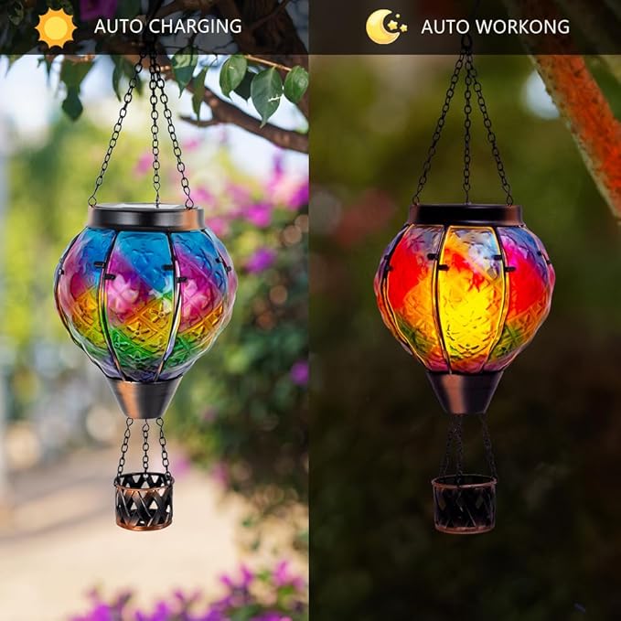 STARSOUL Solar Hot Air Balloon Lantern with Flickering Flame, Colorful Hanging Solar Lantern Outdoor Waterproof, Hot Air Balloon Solar Light Decorations for Garden Yard Lawn Porch Porch Backyard