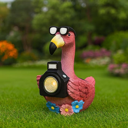 Solar Flamingo Garden Statue with Camera Light – 5.5in Tall Solar Powered Outdoor Figurine for Yard, Patio, Balcony – Funny Garden Decor, Gift for Women (Flamingo)