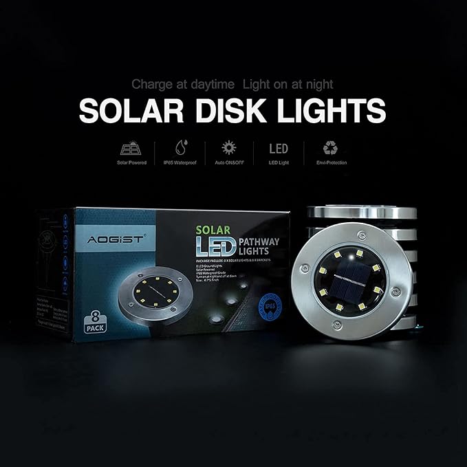 Solar Flat Disk Lights 8-Pack, Waterproof Garden