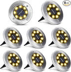 8-Pack Solar Ground Disk Lights, Warm White Waterproof LED