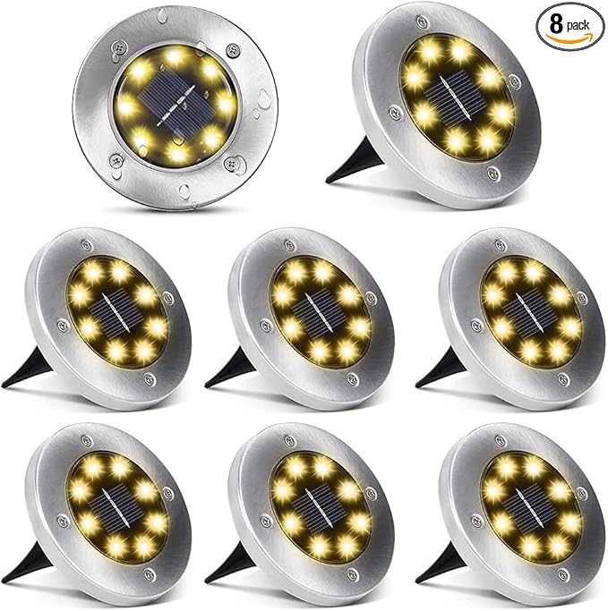 8-Pack Solar Ground Disk Lights, Warm White Waterproof LED