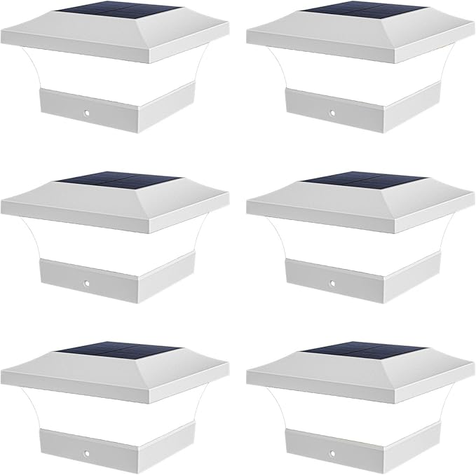T-SUN Solar Post Cap Lights, Waterproof Outdoor Solar Powered Deck Fence Post Lights for 4 X 4 Wooden/Vinyl Posts, 6000K Cool White Lighting Decor for Deck, Patio, Garden, Porch, Fence(White - 6 Pack)
