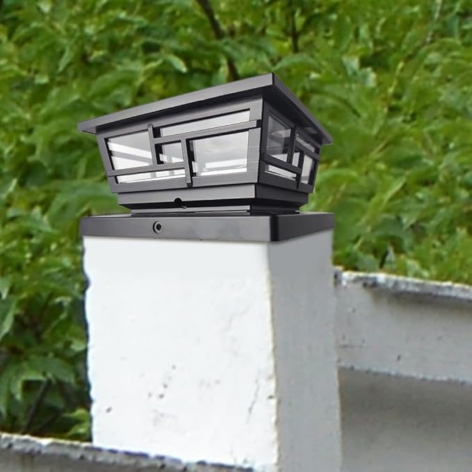 Ceybo Solar Post Cap Lights 2-Pack, 3.9" 9 Lumens Warm White Outdoor Waterproof LED Fence Cap Lights for 4x4 Wooden Posts, Deck, Yard, or Gate, Dusk to Dawn Auto On/Off, (Black)