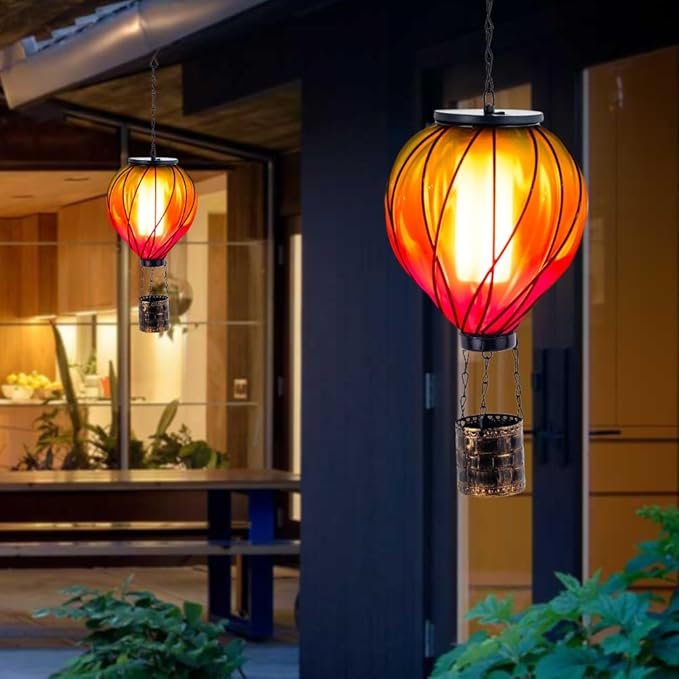 2PCS Colorful Solar Hot Air Balloon Lanterns with Flickering Flame LED Glass Hot Air Balloon Solar Lanterns Outdoor Waterproof Hanging Lights for Yard Garden Decor Mother Day Gifts for Women
