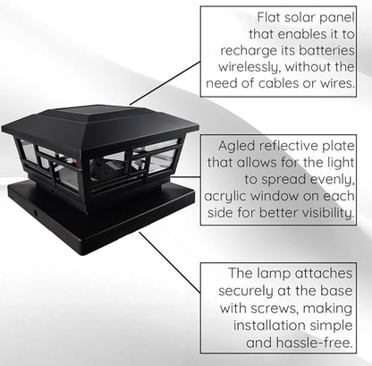 Ceybo Solar Post Cap Lights 2-Pack, 3.9" 9 Lumens Warm White Outdoor Waterproof LED Fence Cap Lights for 4x4 Wooden Posts, Deck, Yard, or Gate, Dusk to Dawn Auto On/Off, (Black)
