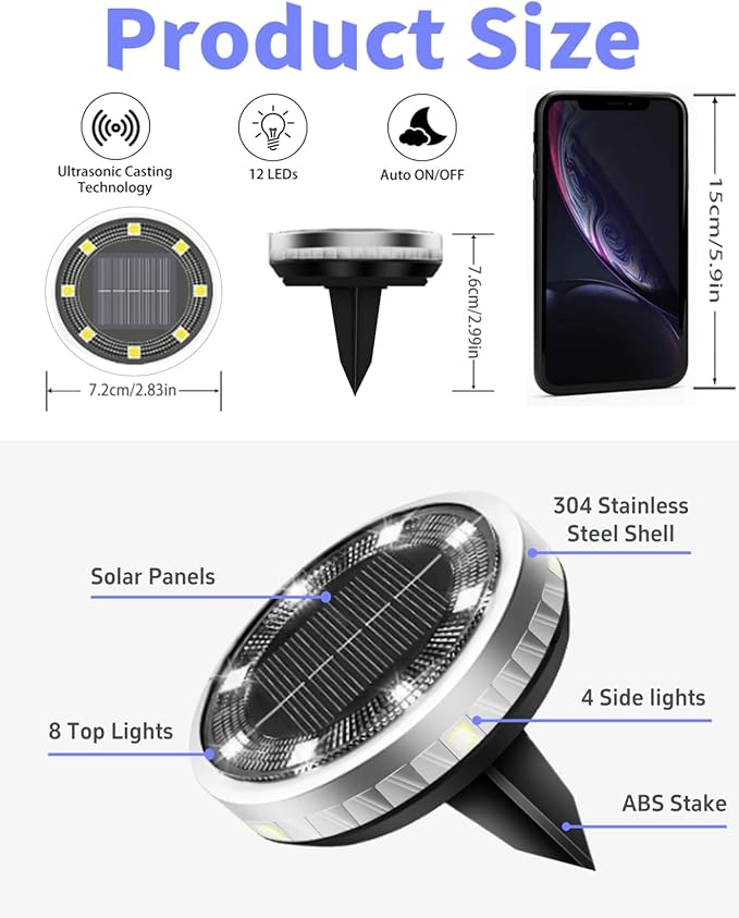 12-Pack Cool White In-Ground Solar Lights, Flat LED Garden