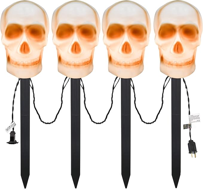 C7 Halloween Skull Pathway Stake Lights, 7 Ft Halloween Pathway String Lights with 4 C7 Bulbs, Stake, Halloweens Decorations Driveway Markers Lights for Outdoor Holiday Garden Walkway Party Lighting