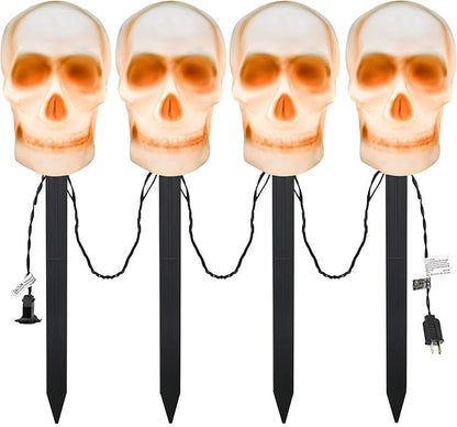 C7 Halloween Skull Pathway Stake Lights, 7 Ft Halloween Pathway String Lights with 4 C7 Bulbs, Stake, Halloweens Decorations Driveway Markers Lights for Outdoor Holiday Garden Walkway Party Lighting