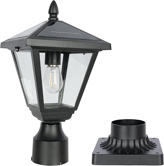 Solar Post Lamp Lights, Metal and Glass Built Dusk to Dawn Solar Post Lights with Pier Mount Base, 6000K Outside Lights Outdoor Waterproof for Garden Yard Pole Pillar(Cool White)