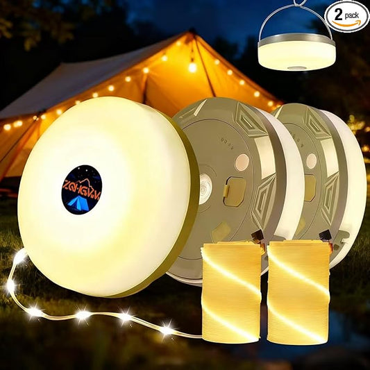 2-Pack Warm Camping String Lights, 4-in-1 Quick-Closing, 32.8-Foot Rechargeable Tent Lights, 8 Lighting Modes, Portable LED Lights, Christmas Fairy Lights Party Decorations Camping Essentials