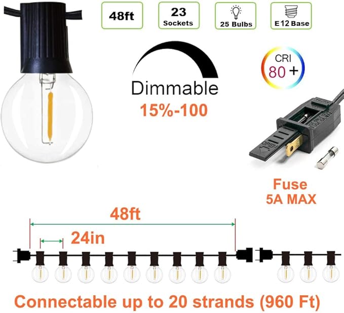 Outdoor String Lights 48ft with 23+2 Spare Bulbs, Shatterproof Dimmable Waterproof, LED 1W 60LM 2200K Warm Glow for Indoor/Outdoor Decoration and Lighting -Black Wire