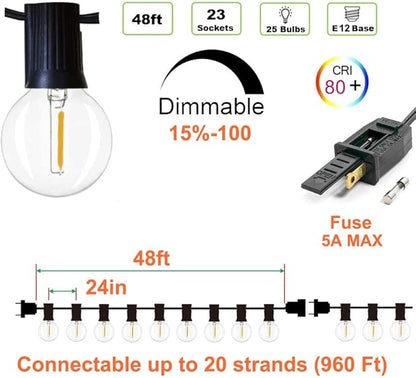 Outdoor String Lights 48ft with 23+2 Spare Bulbs, Shatterproof Dimmable Waterproof, LED 1W 60LM 2200K Warm Glow for Indoor/Outdoor Decoration and Lighting -Black Wire