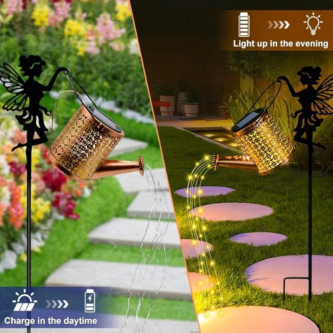 Solar Watering Can Light Garden Decorations Outdoor Weatherproof Shower Lights - Large Retro Metal Lantern Hanging Star Flashing Led Fairy Art Decorative Lamp for Gifts for Mom Grandma Women Birthday