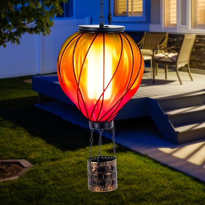 2PCS Colorful Solar Hot Air Balloon Lanterns with Flickering Flame LED Glass Hot Air Balloon Solar Lanterns Outdoor Waterproof Hanging Lights for Yard Garden Decor Mother Day Gifts for Women