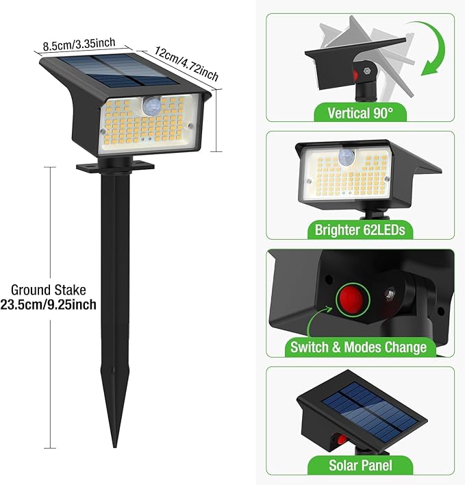 3-Pack 62 LED Solar Yard Spotlights, 3-Mode Waterproof