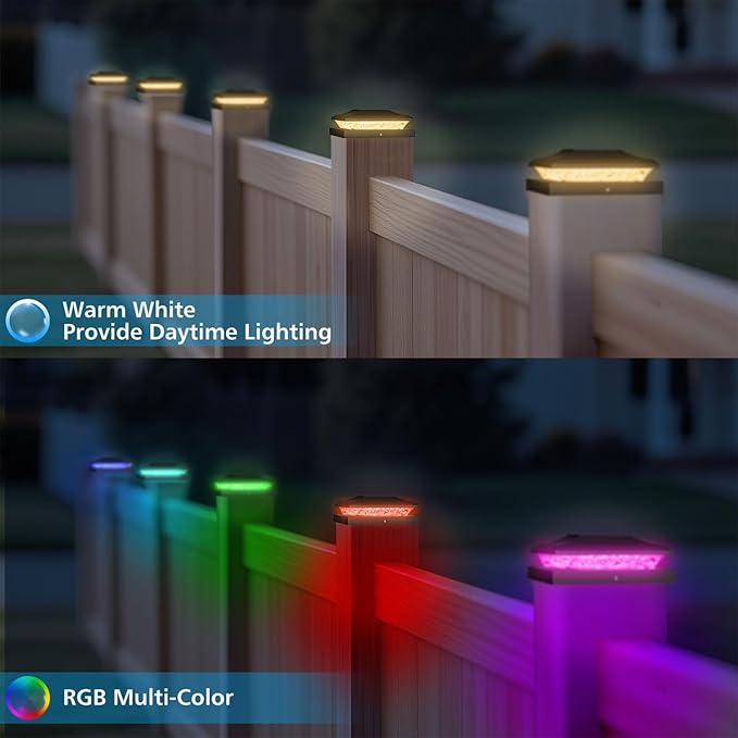 Solar Post Cap Lights Outdoor with RGB Color Changing - 6 Pack Black Fence Post Solar Powered Lights IP65 Waterproof Fits for 5x5 5.5x5.5 6x6 Wood & Vinyl Posts, Decorating Yard Deck Fence Patio