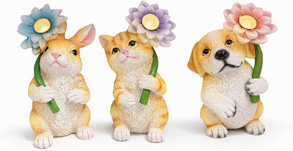 Set of 3 Solar Animal Garden Lights – Resin Bunny, Cat & Dog Figurines with Warm LED Flower, Solar Powered Outdoor Décor for Garden, Patio, Yard, Balcony (Puppy/Kitten/Rabbit)