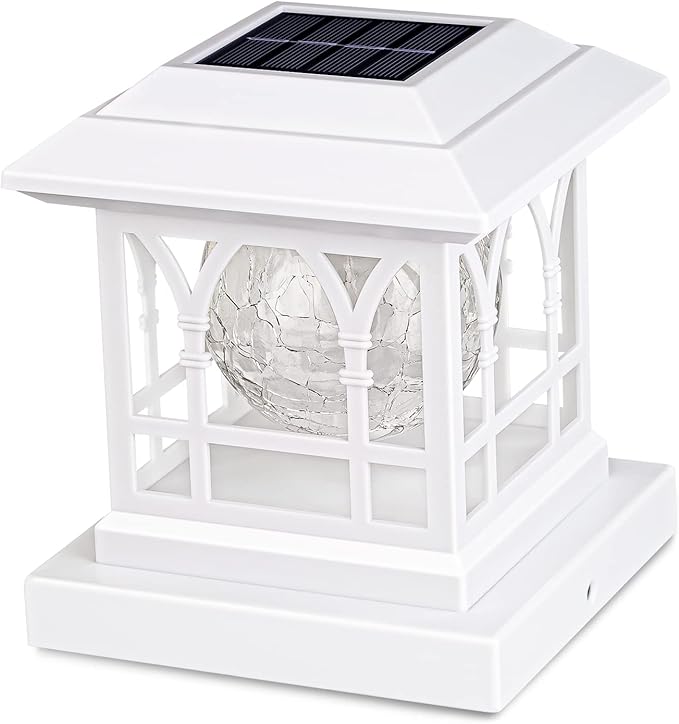 Solar Post Cap Lights, Warm White & RGB Automatic Cycling, Cracked Glass Bulb, 20 Lumens lP65 Waterproof Fit 3.6x3.6 4x4 4.5x4.5 5x5 Wood Fence Post Solar Powered Lights White (1 Pack)