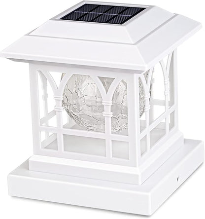Solar Post Cap Lights, Warm White & RGB Automatic Cycling, Cracked Glass Bulb, 20 Lumens lP65 Waterproof Fit 3.6x3.6 4x4 4.5x4.5 5x5 Wood Fence Post Solar Powered Lights White (1 Pack)