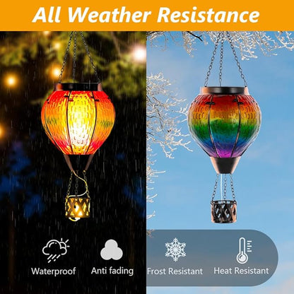 DREAMSOUL 2 PCS Solar Hot Air Balloon Lantern with Flame, Glass Hanging Solar Lanterns Outdoor Waterproof for Lawn Patio Porch Decor