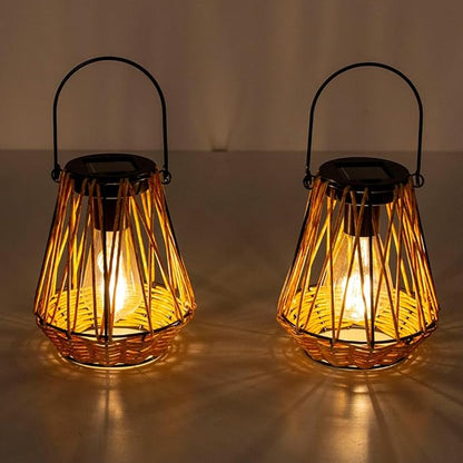 Solar Lanterns,2 Pack Hanging Solar Lantern Outdoor Lanterns for Patio Waterproof,Rattan Lantern with Handle,Decorative Retro Rattan Lights for Yard