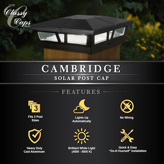 Classy Caps Cambridge Solar Post Cap, SLC771B, 6x6, Black Aluminum – High Performance, Energy Efficient, Weather-Resistant, Durable Design, Fits 5"x5",5.5"x5.5" & 6"x6" Posts (Adaptor Included)