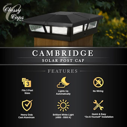 Classy Caps Cambridge Solar Post Cap, SLC771B, 6x6, Black Aluminum – High Performance, Energy Efficient, Weather-Resistant, Durable Design, Fits 5"x5",5.5"x5.5" & 6"x6" Posts (Adaptor Included)