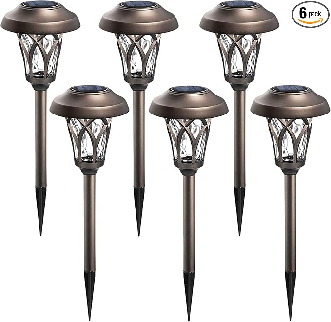 GIGALUMI 6 Pack Solar Pathway Lights Outdoor, Metal Glass & ABS Solar Landscape Lights Waterproof IP65, Warm White Solar Powered Garden Lights for Yard Patio Walkway Driveway (Brown)