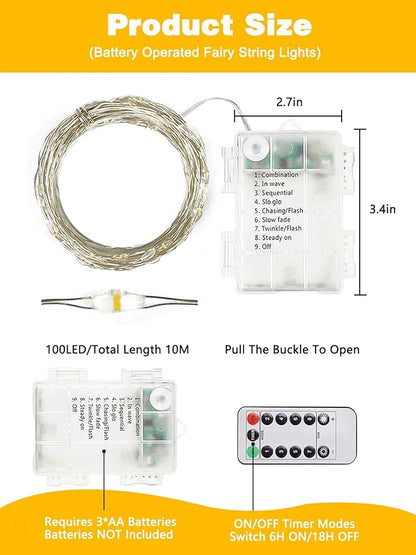 2 Pack 100LED Christmas Battery Operated Fairy Lights with Remote, 8 Modes String Lights with Timer, Dimmable, Memory Function, Waterproof Twinkle Lights for Outdoor Indoor Christmas Decor(Warm White)