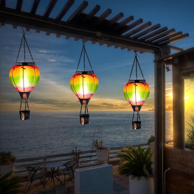 Starsoul Hot Air Balloon Solar Lantern with Flickering Flame Light Colorful Glass Hot Air Balloon Solar Light Waterproof Outdoor Hanging Solar Lantern for Yard Garden Patio Farmhouse Decor