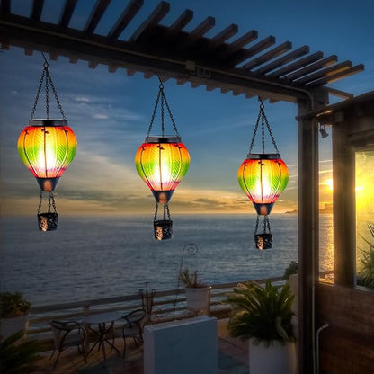 Starsoul Hot Air Balloon Solar Lantern with Flickering Flame Light Colorful Glass Hot Air Balloon Solar Light Waterproof Outdoor Hanging Solar Lantern for Yard Garden Patio Farmhouse Decor