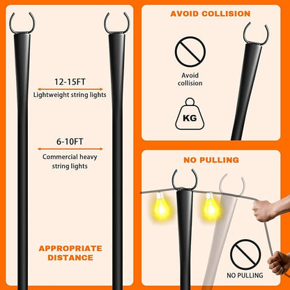 2 Pack 10Ft String Light Poles, Metal Poles with Fork for Outside Lights,Outdoor Metal Light Stand with Fence Brackets Hanging Lights for Garden Patio Wedding Backyard Deck Party