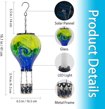 Tie-Dye Style Solar Hot Air Balloon Lantern with Flame, Glass Hot Air Balloon Solar Lantern Waterproof Outdoor Lanterns Decorative Lamp for Patio, Garden, Porch