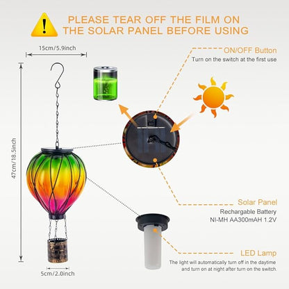 2PCS Colorful Solar Hot Air Balloon Lanterns with Flickering Flame LED Glass Hot Air Balloon Solar Lanterns Outdoor Waterproof Hanging Lights for Yard Garden Decor Mother Day Gifts for Women