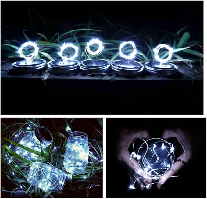 SmilingTown Solar Mason Jar Lights 10 Pack 20 LED Waterproof Outdoor Fairy Firefly String Light Lids with 10 Hangers Rust Resist for Patio Lawn Garden Wedding Lantern Decor No Jars (Cool White)