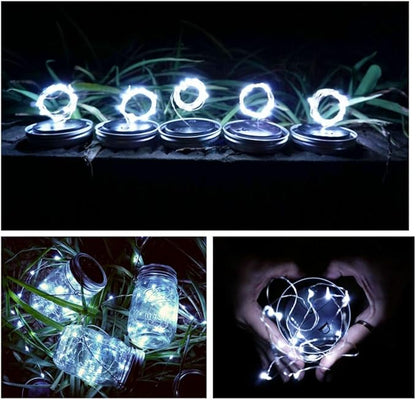 SmilingTown Solar Mason Jar Lights 10 Pack 20 LED Waterproof Outdoor Fairy Firefly String Light Lids with 10 Hangers Rust Resist for Patio Lawn Garden Wedding Lantern Decor No Jars (Cool White)
