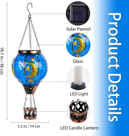 Moon Pattern Hot Air Balloon Solar Lantern with Flickering Flame , Hanging Outdoor Lantern Light Glass Waterproof Decor for Patio, Porch, Garden