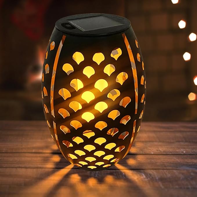 2PCS Solar Table Lanterns with Flickering Flame Light Outdoor Waterproof, Metal Desktop Decorative Lamp with Hollow Design for Tabletop Garden, 7.3" H Black Shell