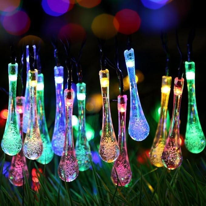 Solar String Light Outdoor Waterproof Solar Drop Lights,Water Drop Fairy Lights 13ft 20LEDs Solar Light with 8 Modes Solar Party Lights for Garden,Christmas Decorations (Multicolor)