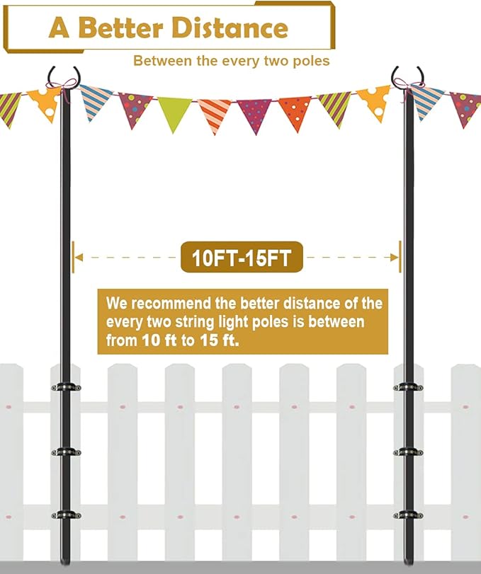 10 FT Outdoor String Light Pole Stand for Deck Fence or Patio Railing, Adjustable Globe Patio Light Post for Hanging Outside Decorate Lighting, 2 Packs