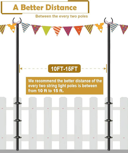 10 FT Outdoor String Light Pole Stand for Deck Fence or Patio Railing, Adjustable Globe Patio Light Post for Hanging Outside Decorate Lighting, 2 Packs