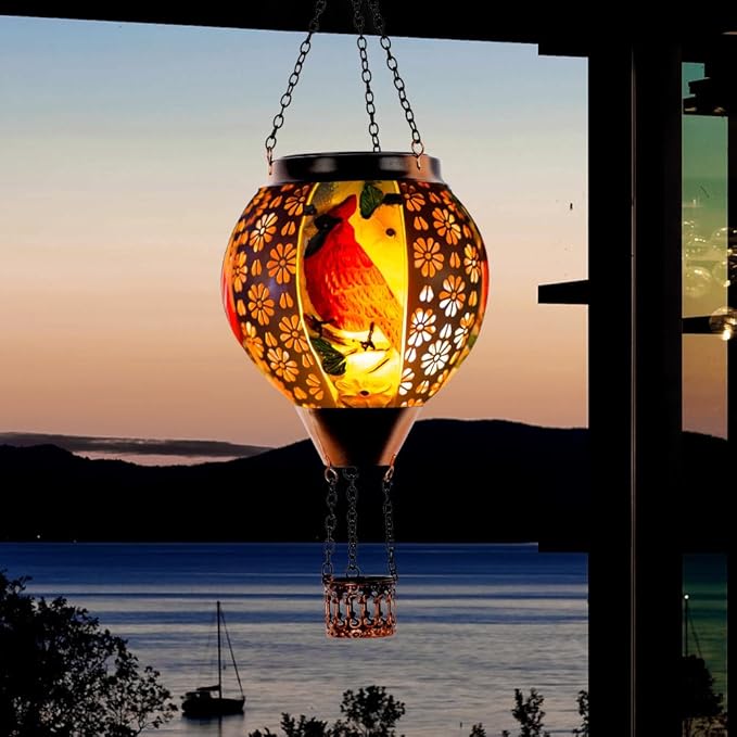 DREAMSOUL Cardinal Hot Air Balloon Solar Lantern, Metal Solar Lantern with Flickering Flame, Solar Lanterns Outdoor Waterproof for Lawn Patio Decor