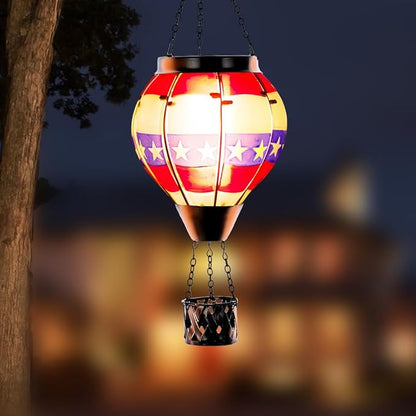 DREAMSOUL 2 PCS Flag Solar Hot Air Balloon Lantern with Flame, Hanging Waterproof Solar Lanterns Outdoor Waterproof Flag Day for Patio Garden Decor, Fourth of July Decorations