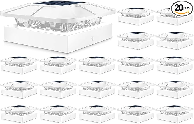 Peasur 4x4 Solar Post Cap Lights Outdoor with 3 Modes, 20 Packs White Fence Light Solar Powered Waterproof, Wood/Vinyl Post Top Lights for Deck Yard Garden Patio Porch Outside