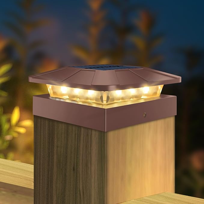 Peasur 4x4 Solar Post Cap Lights Outdoor with 3 Modes, Brown Fence Light Solar Powered Waterproof, Wood/Vinyl Deck Posts Lights for Deck Yard Garden Patio Porch Railing Outside