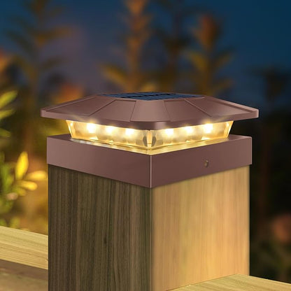 Peasur 4x4 Solar Post Cap Lights Outdoor with 3 Modes, Brown Fence Light Solar Powered Waterproof, Wood/Vinyl Deck Posts Lights for Deck Yard Garden Patio Porch Railing Outside